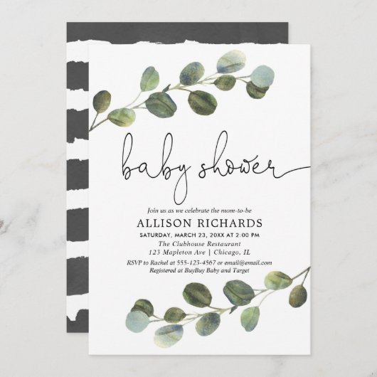 Greenery gender-neutraal baby shower, zwart wit kaart (Voorkant / Achterkant)