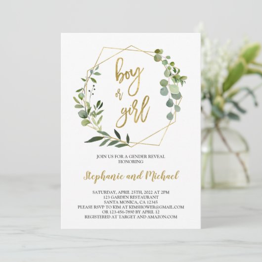 Greenery Gender Reveal Uitnodiging (Staand voorkant)