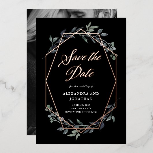 Greenery Geo Black | Roos Gold Save the Date Folie Uitnodiging (Voorkant / Achterkant)