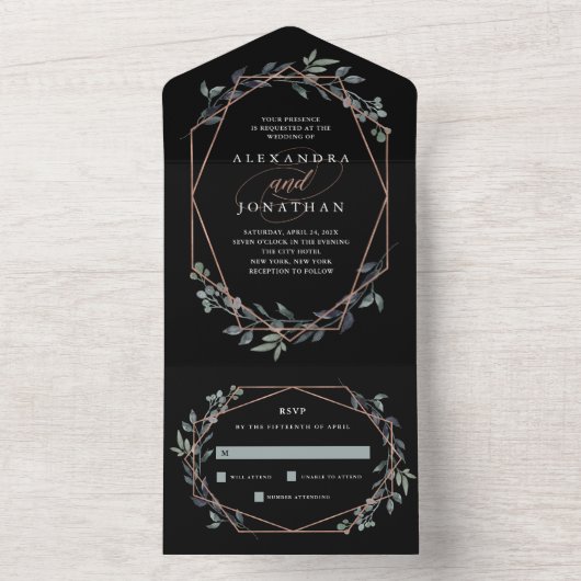 Greenery Geo Black | Roos Gold Wedding All In One Uitnodiging (Binnen)