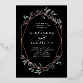 Greenery Geo Black | Roos Gold Wedding Folie Uitnodiging (Voorkant)