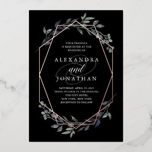 Greenery Geo Black | Roos Gold Wedding Folie Uitnodiging (Voorkant)