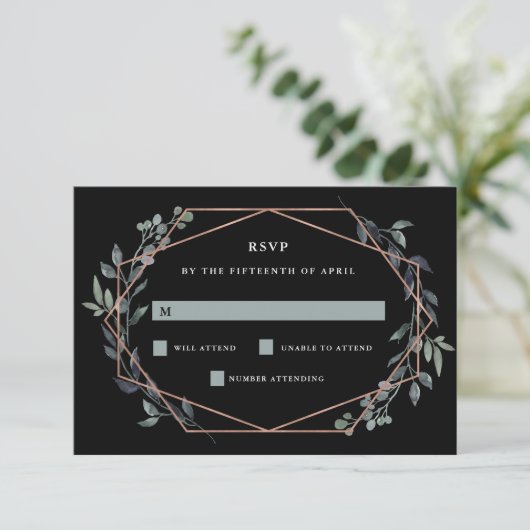 Greenery Geo Black | Roos Gold Wedding RSVP (Staand voorkant)