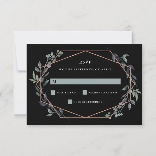 Greenery Geo Black | Roos Gold Wedding RSVP Kaartje (Voorkant)