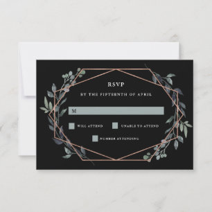 Greenery Geo Black   Roos Gold Wedding RSVP Kaartje