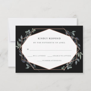 Greenery Geo Black   Roos Gold Wedding RSVP Kaartje