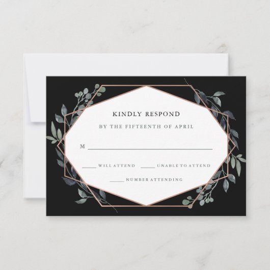 Greenery Geo Black | Roos Gold Wedding RSVP Kaartje (Voorkant)