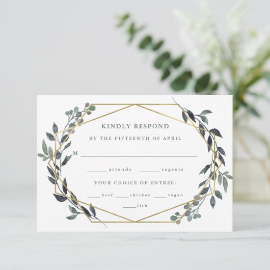 Greenery Geo | Goud-weddenschap RSVP Kaartje (Staand voorkant)