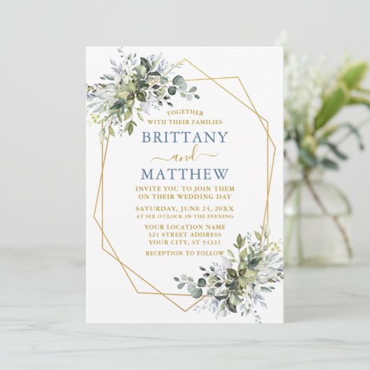 Greenery Geo Lijst Wedding Dusty Blue Gold Kaart (Staand voorkant)