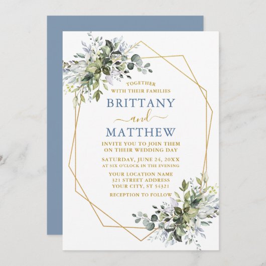 Greenery Geo Lijst Wedding Dusty Blue Gold Kaart (Voorkant / Achterkant)