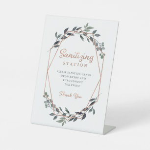 Greenery Geo Roos Gold Wedding Hand Sanitizer Reclamebord Met Voetstuk