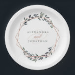 Greenery Geo | Roos Gold Wedding Papieren Bordje<br><div class="desc">Deze trendy en elegante bruiloft papieren borden hebben een faux roos gouden geometrische vorm,  omgeven door prachtige groene takken,  met stijlvolle moderne tekst en kalligrafie.</div>