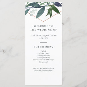 Greenery Geo   Roos Gold Wedding Programmakaart