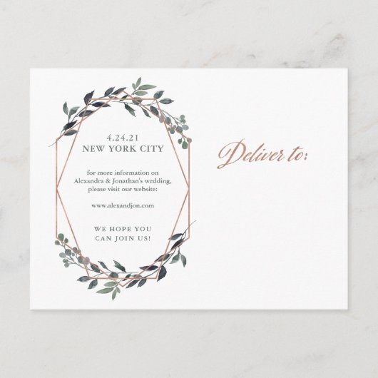 Greenery Geo | Roos Gold Wedding Save the Date Briefkaart (Achterkant)