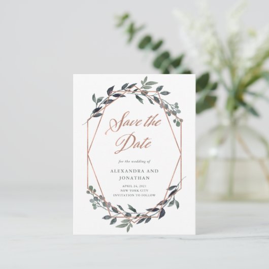 Greenery Geo | Roos Gold Wedding Save the Date Briefkaart (Staand voorkant)