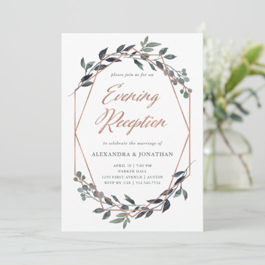 Greenery Geo | Roze Gouden Avondreceptie Kaart (Staand voorkant)