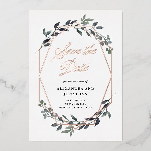 Greenery Geo White | Roos Gold Save the Date Folie Uitnodiging (Voorkant)