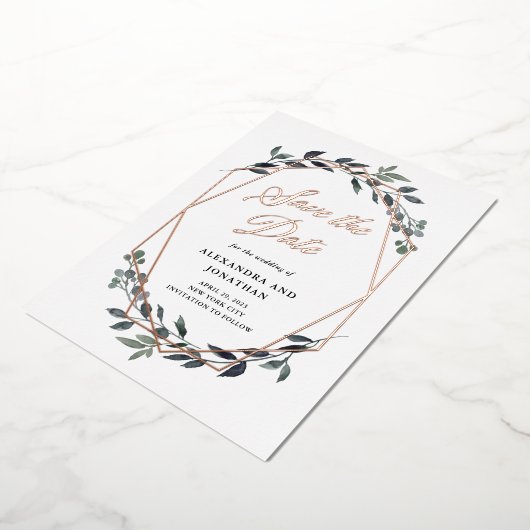 Greenery Geo White | Roos Gold Save the Date Folie Uitnodiging (Gedraaid)
