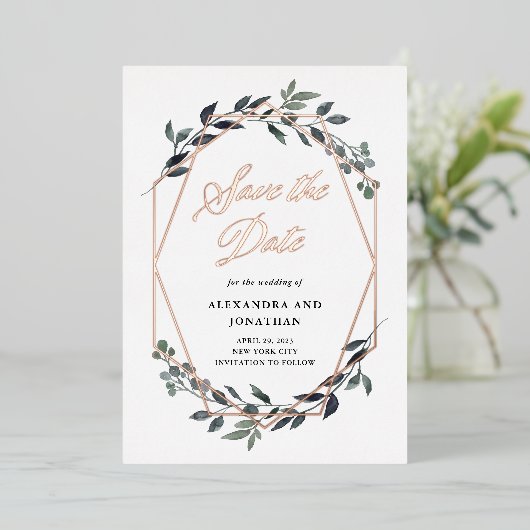 Greenery Geo White | Roos Gold Save the Date Folie Uitnodiging (Staand Voorkant)