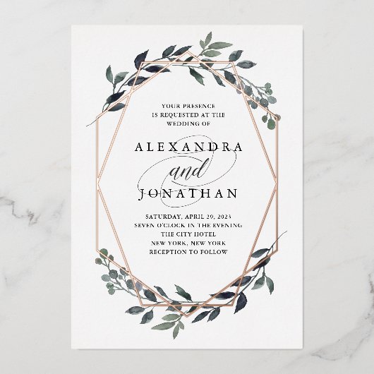 Greenery Geo White | Roos Gold Wedding Folie Uitnodiging (Voorkant)