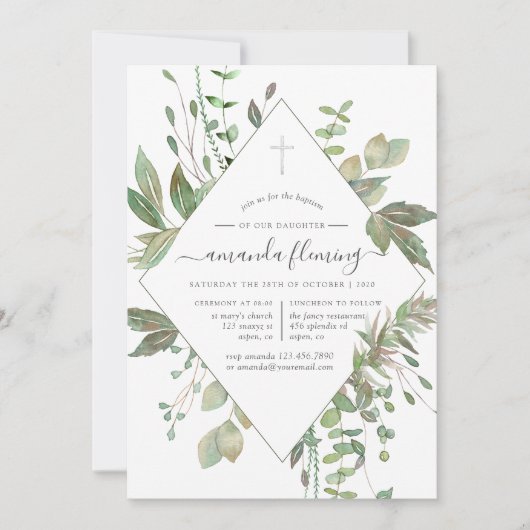 Greenery Geometric Baptism of Christening Kaart (Voorkant)