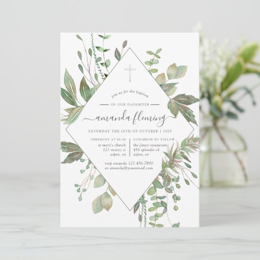 Greenery Geometric Baptism of Christening Kaart (Staand voorkant)