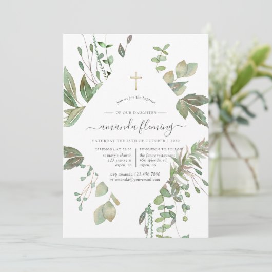 Greenery Geometric Baptism of Christening Kaart (Staand voorkant)