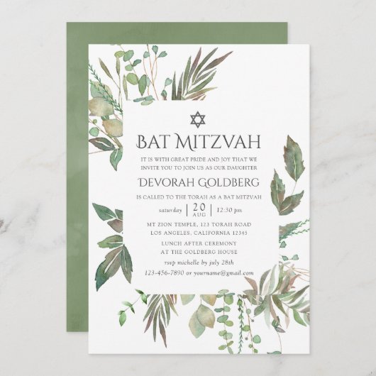 Greenery Geometric Bat Mitzvah Kaart (Voorkant / Achterkant)