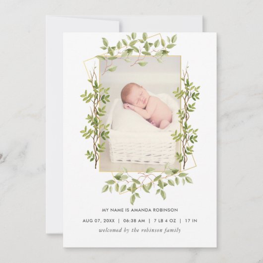 Greenery Geometric Birth Announcement Fotokaart Aankondiging (Voorkant)