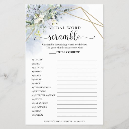 Greenery Geometric Bridal Word Scramble Game Flyer (Voorkant)