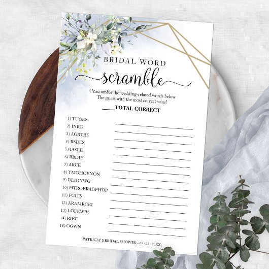 Greenery Geometric Bridal Word Scramble Game Flyer