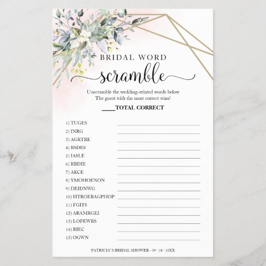 Greenery Geometric Bridal Word Scramble Game Flyer (Voorkant)