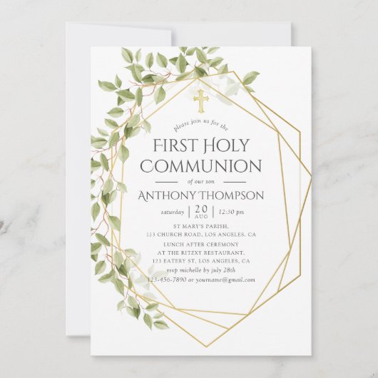 Greenery Geometric First Heilige Communie Kaart (Voorkant)