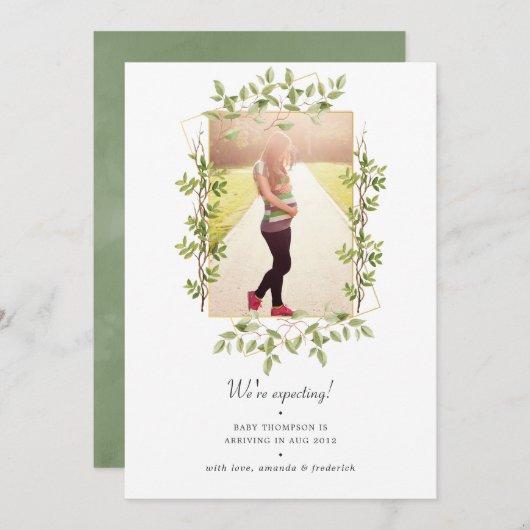 Greenery Geometric Foto Zwangerschap Aankondiging (Voorkant / Achterkant)