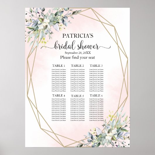 Greenery Geometric Vrijgezellenfeest Seating Chart Poster (Voorkant)