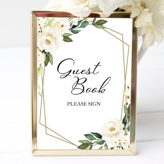 Greenery Geometric White Floral Guest Book Sign Poster
