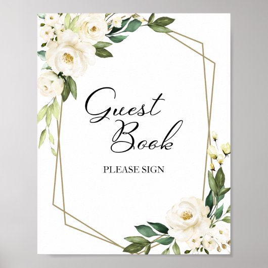 Greenery Geometric White Floral Guest Book Sign Poster (Voorkant)