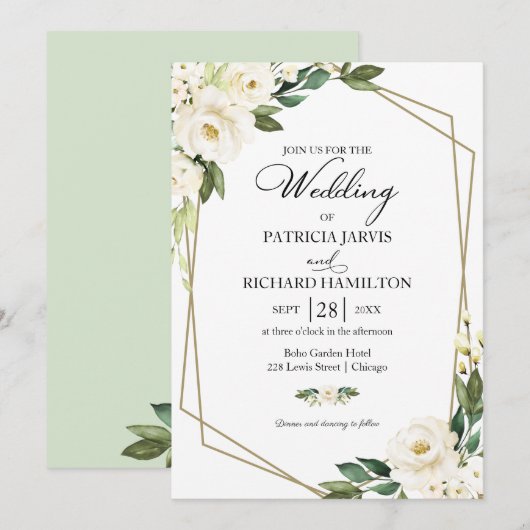 Greenery Geometric White Floral Wedding Kaart (Voorkant / Achterkant)