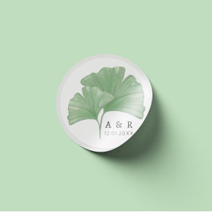 Greenery Ginkgo Tree Waterverf Wedding Monogram Ronde Sticker