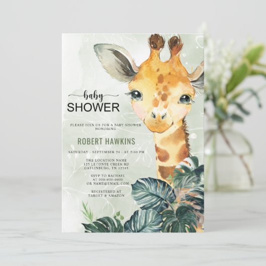 Greenery Giraffe Baby shower Kaart (Staand voorkant)