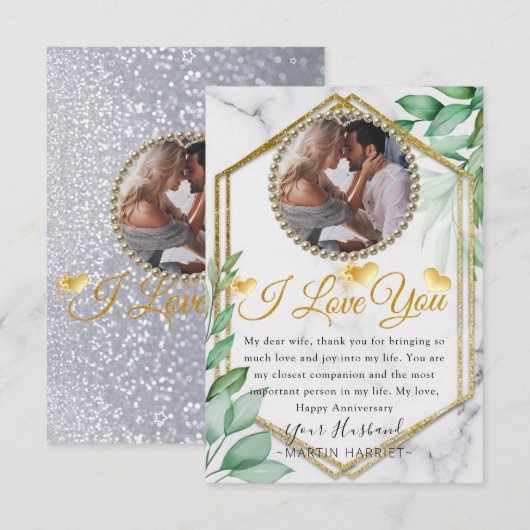 Greenery Glitter Photo Wife Jubileum Kaart (Voorkant / Achterkant)