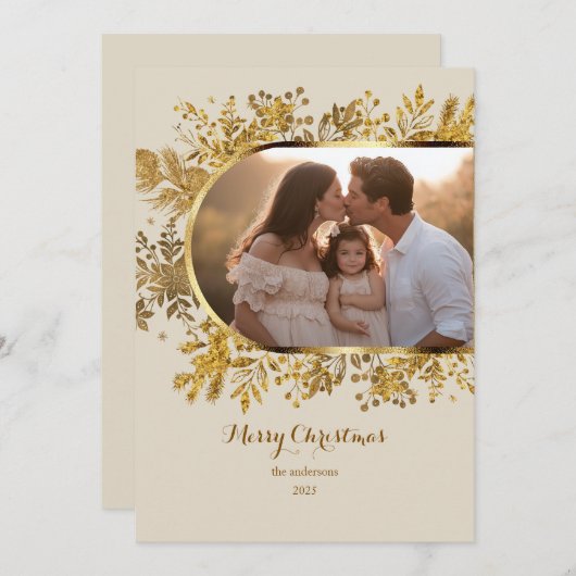 Greenery Gold Arch Modern Script Foto Kerstmis Feestdagenkaart (Voorkant / Achterkant)