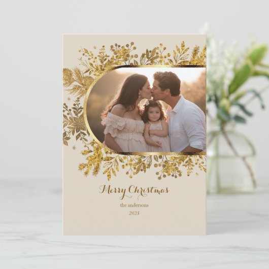 Greenery Gold Arch Modern Script Foto Kerstmis Feestdagenkaart (Staand voorkant)