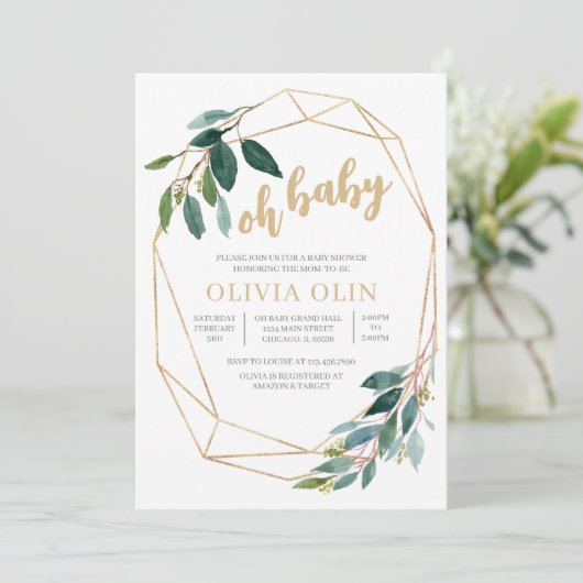 Greenery Gold Baby Shower Kaart (Staand voorkant)