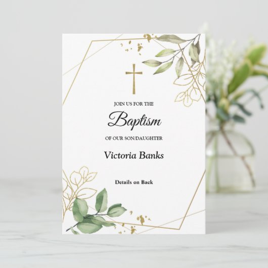 Greenery Gold Baptism Invitation Kaart (Staand voorkant)