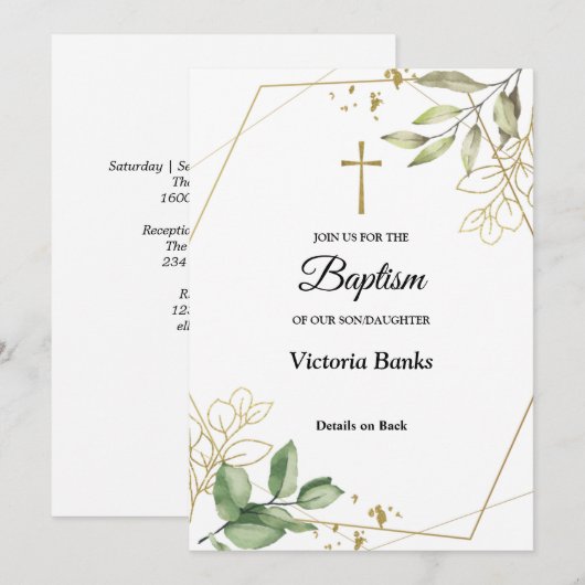 Greenery Gold Baptism Invitation Kaart (Voorkant / Achterkant)