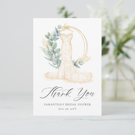 Greenery Gold Berries Wedding Dress Vrijgezellenfe Bedankkaart (Staand voorkant)