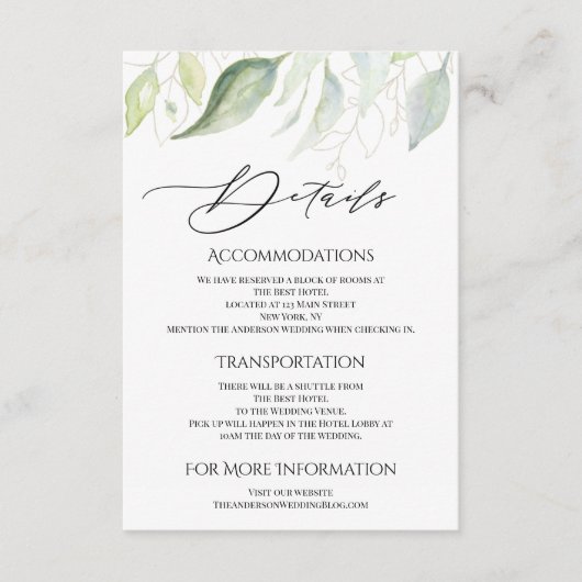 Greenery Gold Botanical Leaves Accommodations Informatiekaartje (Voorkant)