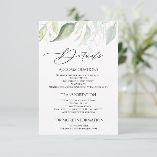 Greenery Gold Botanical Leaves Accommodations Informatiekaartje (Staand voorkant)
