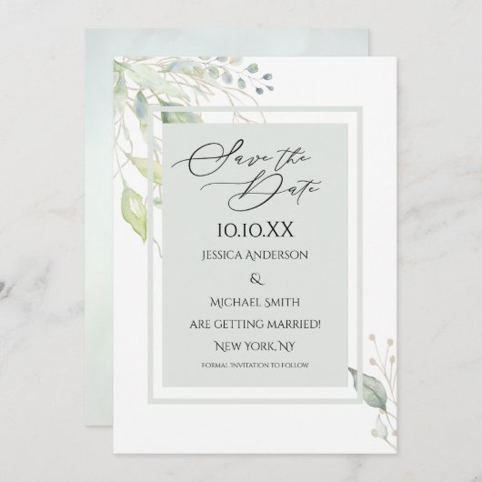 Greenery Gold Botanical Leaves Save the Date Kaart (Voorkant / Achterkant)